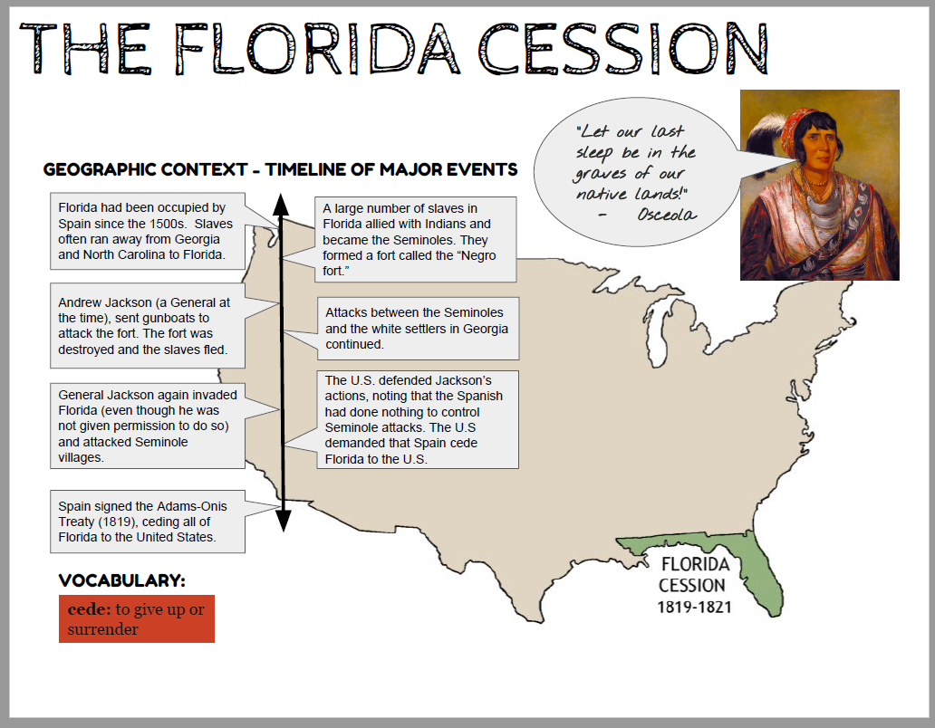 Map of the 1819 Florida Cession showing the territory transferred from Spain to the United States.