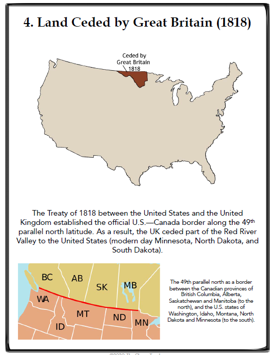 Map showing the land along the northern border ceded by Britain in the Treaty of 1818.