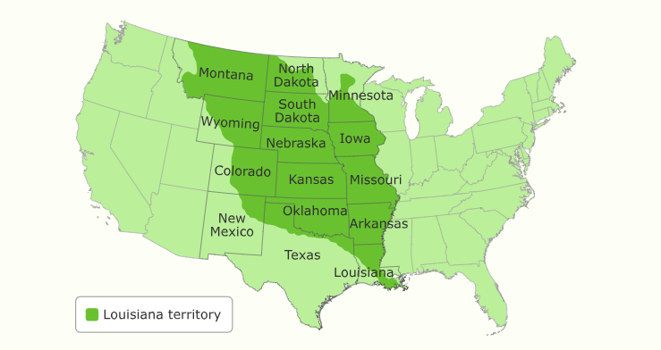 Map of the Louisiana Purchase showing the modern U.S. states carved from the territory.