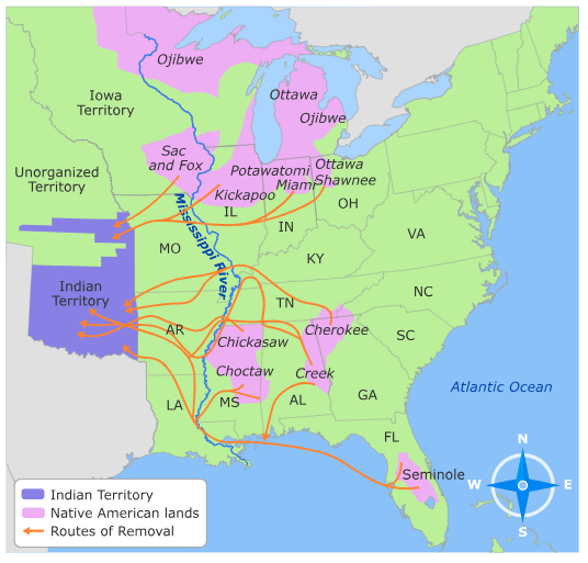 Map showing routes of forced Native American removal from the Southeast to Indian Territory in present-day Oklahoma.