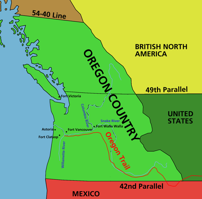 Map of the Oregon Country showing the U.S. and British shares after the 1846 Oregon Treaty.
