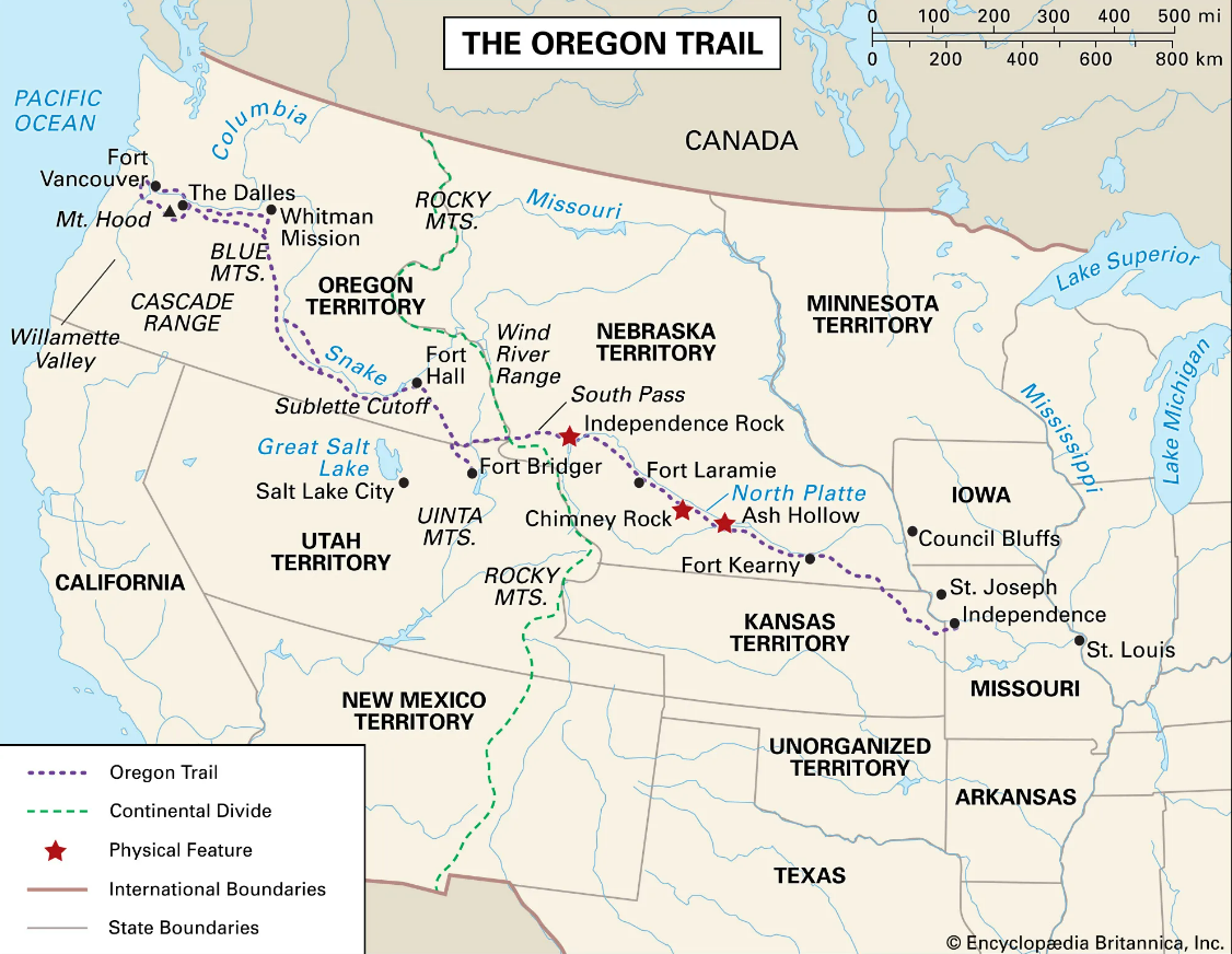Map of the Oregon Trail from Missouri to the Pacific Northwest.