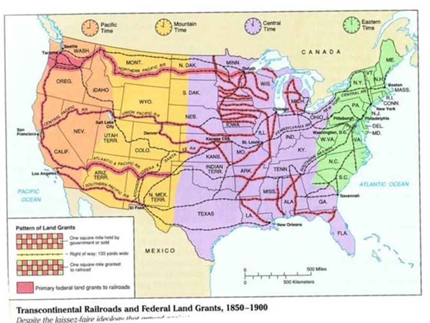 Photograph and map of the completed Transcontinental Railroad route across the United States.
