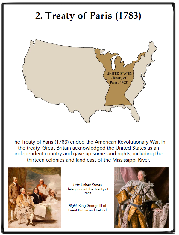 Map showing the additional lands gained by the United States from the 1783 Treaty of Paris.