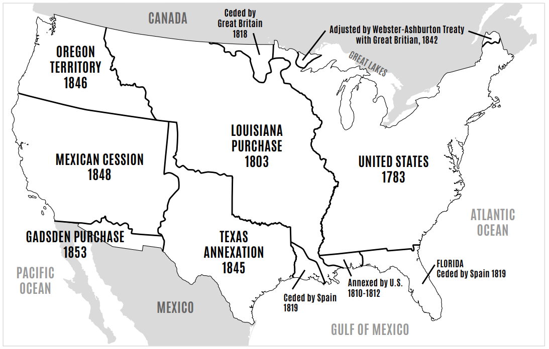 Black-and-white reference map labeling each major territorial acquisition of westward expansion.